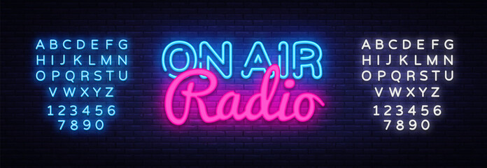 On Air Radio neon sign vector. On Air Radio Design template neon sign, light banner, neon signboard, nightly bright advertising, light inscription. Vector illustration. Editing text neon sign