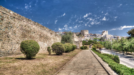 Fototapeta na wymiar View to ancient wall and Trigoniu tower in Thessaloniki, Greece