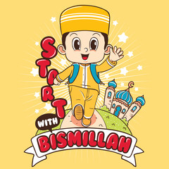 character of moslem children walking near mosque