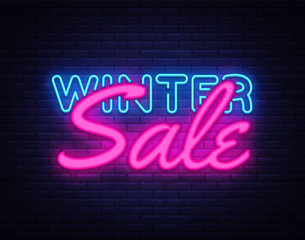 Winter Sale neon text vector design template. Big Winter Discount neon logo, light banner design element colorful modern design trend, night bright advertising, bright sign. Vector illustration