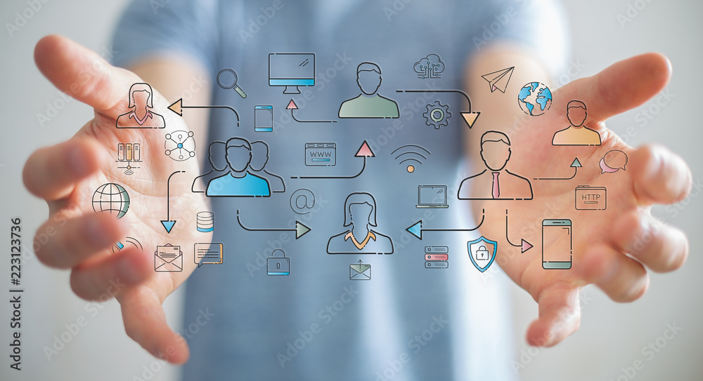 Poster businessman using thin line social network icons interface