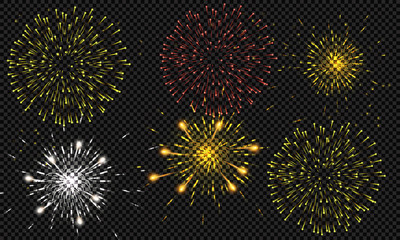 Festive patterned fireworks in the city, bursting in various forms, sparkling pictograms Abstract. New Year and birthdays. Vector illustration