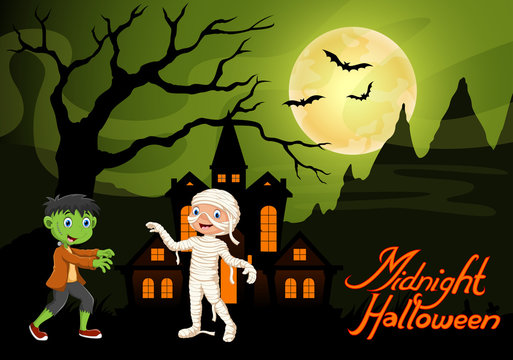 Cute child in a frankenstein and mummy costume. Halloween night background with haunted house and full moon