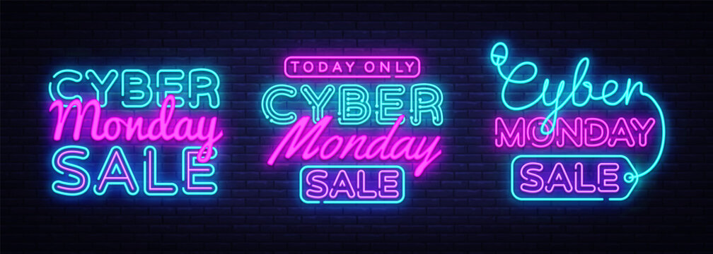 Big collectin neon signs for Cyber Monday. Neon Banner Vector. Cyber Monday neon sign, design template, modern trend design, night light signboard, night bright advertising. Vector illustration