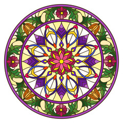 Illustration in stained glass style, round mirror image with floral ornaments and swirls,bright flowers on yellow background