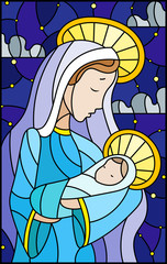 Naklejki  Ilustracja w stylu witrażu na temat biblijny, Jezus dziecko z Maryją, abstrakcyjne figury na tle gwiaździstego nieba z chmurami, prostokątny obraz
