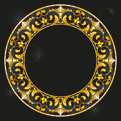 Illustration in stained glass style frame with floral,golden flowers and leaves on a dark background