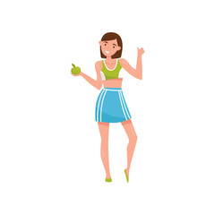Fototapeta na wymiar Fitness young woman character with green apple, girl choosing healthy lifestyle vector Illustration on a white background