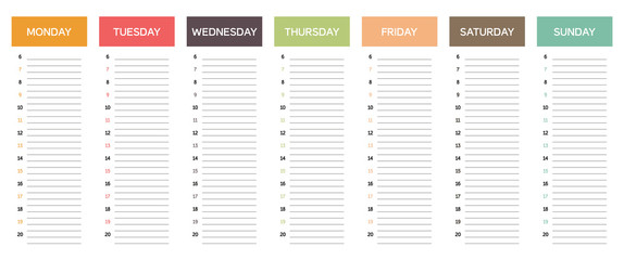 Week planning calendar in muted colors, with retro or vintage feel, business schedule, everyday planner, minimalist and appealing design
