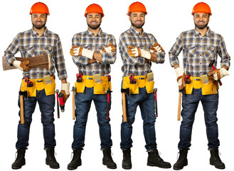 Collection of construction workers. All on white background.