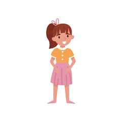 Cute little girl with ponytail standing vector Illustration on a white background