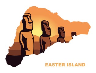 Naklejka premium The landscape of Easter island with the famous sculptures at sunset in the form of a map of Easter island