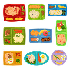 Flat vector set of colorful lunch boxes with food. Spaghetti and fried eggs with sausages, mashed potatoes, fruits and vegetables