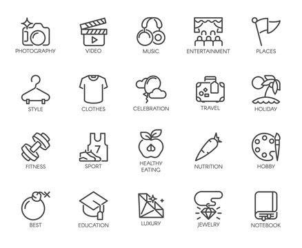 20 line icons on sports, healthy eating, lifestyle, hobbies, travelling and web education theme. Labels or buttons for thematic sites and mobile apps interfaces, game ui elements. Vector isolated