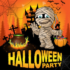 Halloween Party Poster with mummy. Vector illustration.