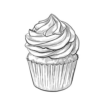 Hand drawn cupcake sketch, black and white ink line art, vintage etching drawing isolated vector illustration.