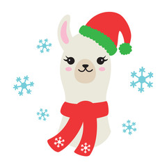 Vector illustration of Christmas llama or alpaca wearing Santa Claus hat and winter scarf with snowflakes.