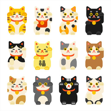 Japanese lucky cat character icon set. flat design style vector graphic illustration