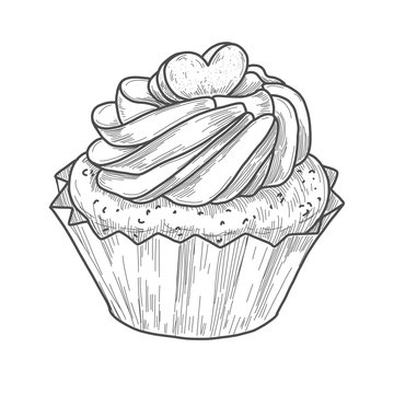 recommend clip art: Hand drawn cupcake with heart cookie, vintage etching, food sketch engraving, pen and ink line art isolated on white background. Vector illustration.