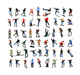 Extreme sport game, skateboarder in skate park, air jump trick. Skateboard vector illustration isolated on white background. Outdoor urban action. Sport accident. Injured athlete. Man acrobat skills.