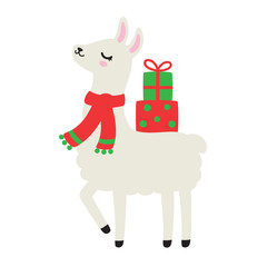 Vector illustration of cute holiday llama or alpaca carrying Christmas gift presents. Llama wearing Christmas scarf.