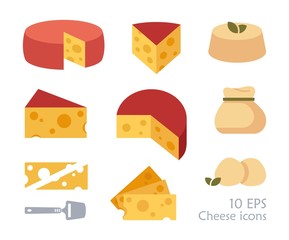 Pieces of cheese icons on white background. Different cheese types in flat style.