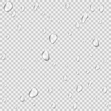 Realistic pure and transparent water drops set with shadow on gray background. Vector illustration