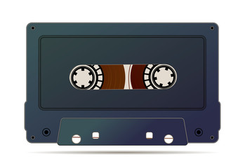 Detailed audio cassette with magnetic tape, vintage object isolated on white