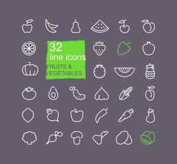 Contour icons of vegetables and fruits on gray background