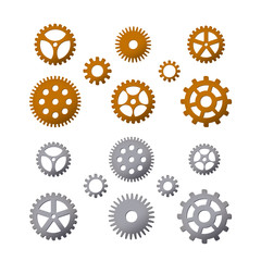 Set of gears. Brass and steel. Vector illustration. Details of cars and watches. Steampunk design.
