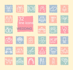 Wedding line icons set on spots drawn with crayons