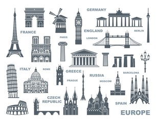 Collection of Europe detailed silhouettes. Set Travel Landmarks. vector illustration