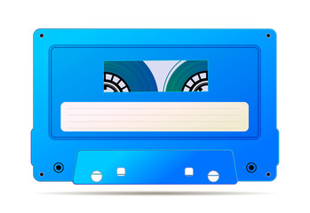 Obraz premium Realistic blue audio cassette with magnetic tape, vintage object isolated on white
