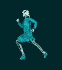 Running woman composed from particles. Side view silhouette. Business concept