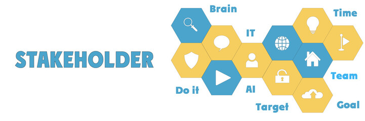 STAKEHOLDER Panoramic Banner with icons and tags, words. Hi tech concept. Modern style
