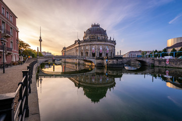 Bode Museum with the Berlin Fernsehturm in the background during sunrise