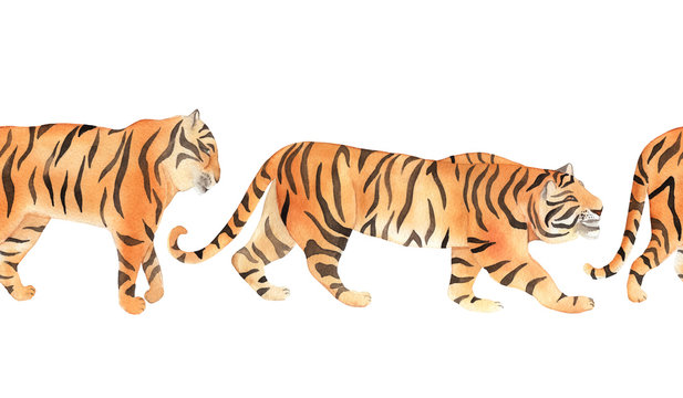Watercolor seamless pattern with tiger. Summer decoration print for wrapping, wallpaper, fabric