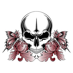 Skull with peonies and butterflies on a white background. Vector image.