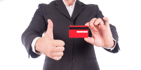 Man's hand showing business card - closeup shot on white background.
