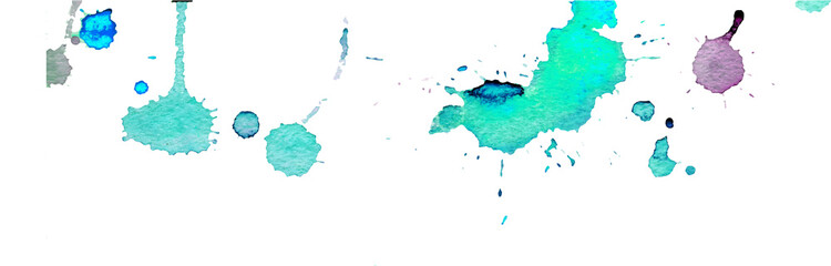 Turquoise blue watercolor splashes and blots on white background. Ink painting. Hand drawn illustration. Abstract watercolor artwork.