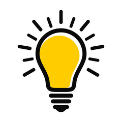 Modern yellow light bulb icon with rays. Idea and creativity symbol.