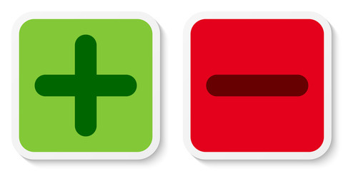 Fototapeta premium Set of flat square plus & minus sign icons, buttons, stickers. Positive and negative symbols. Vector EPS 10