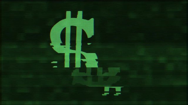 digital dollar sign glitch screen interference seamless loop background new dynamic financial technology business colorful video footage