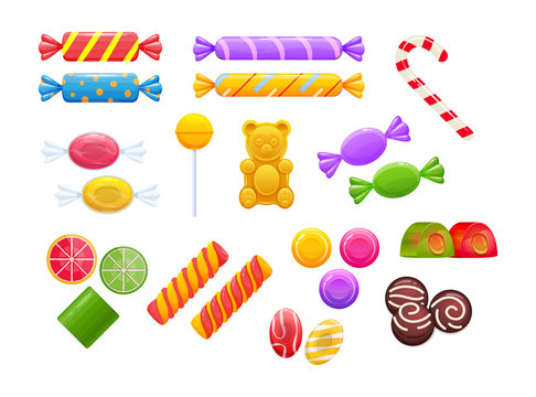 Set of various sweets, delicious desserts. Candy, lollipops, marmalade, jelly.