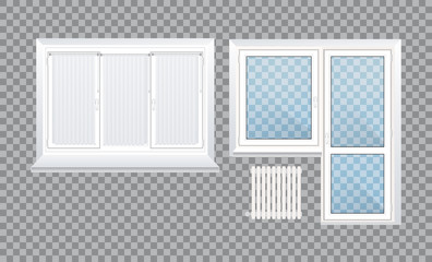Realistic glass transparent plastic windows with window sills and sashes.