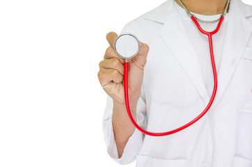 white coat doctor rise red stethoscope for listen