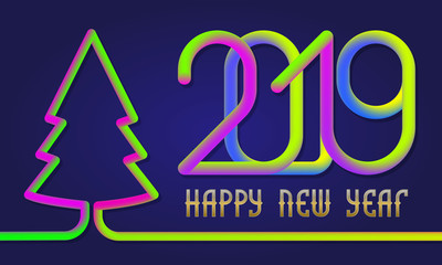 2019 Happy New Year colorful inscription lettering with fluid colors christmas tree silhouette. Holiday greeting card design.