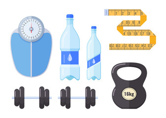 Floor scales, bottled clean water, tape for measuring waist, body.