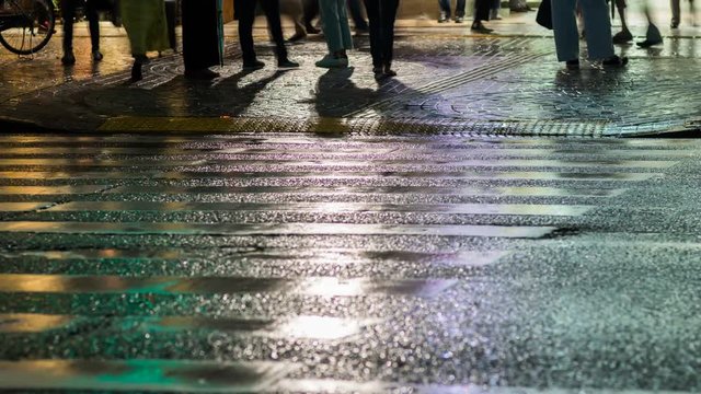 雨の大都市の交差点を行き交う人々 タイムラプス