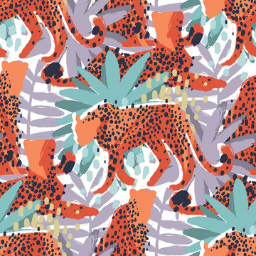 Vector pattern of cheetahs surrounded by exotic plants